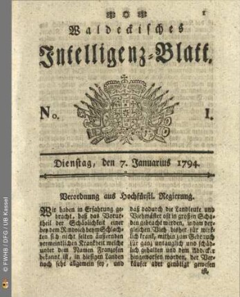No. 1. Dienstag, den 7. Januarius 1794