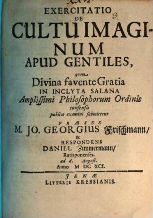 Exercitatio De Cultu Imaginum Apud Gentiles