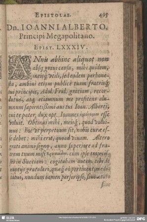 Dn. Joanni Alberto, Principi Megapolitano. Epist. LXXXIV.
