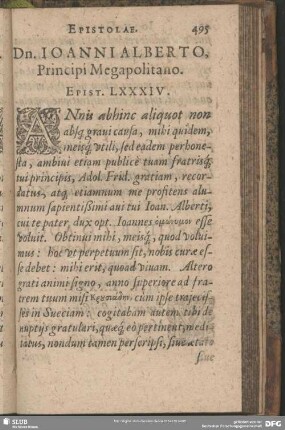 Dn. Joanni Alberto, Principi Megapolitano. Epist. LXXXIV.