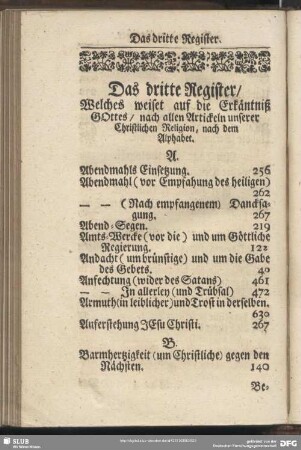 Das dritte Register, Welches weiset auf die Erkäntniß GOttes, nach allen Artickeln unserer Christlichen Religion , nach dem Alphabet