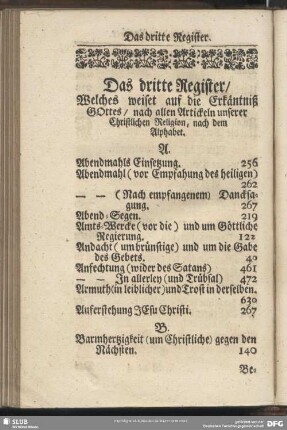 Das dritte Register, Welches weiset auf die Erkäntniß GOttes, nach allen Artickeln unserer Christlichen Religion , nach dem Alphabet