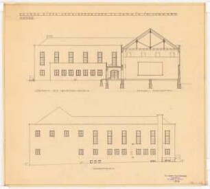 Gemeindehaus, Cammin Vorprojekt: Süd-Nordfront, Schnitt 1:100