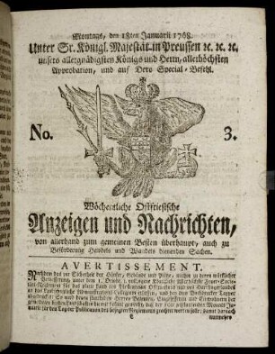 No. 3. Montags, den 18ten Januarrii 1768.