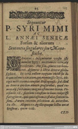 P. Syri Mimi Ac L. Annaei Senecae Forsan & aliorum Sententiae singulares seu Monosticha