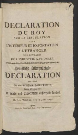 Déclaration Du Roy Sur La Circulation Dans L'Intérieur Et Exportation A L'Etranger Des Ouvrages De L'Industrie Nationale