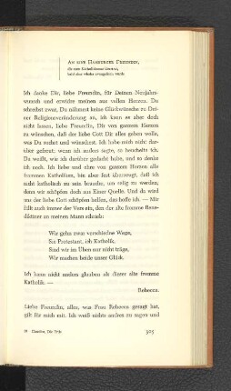 An eine hamburger Freundin, die zum Katholizismus übertrat, bald aber wieder evangelisch wurde