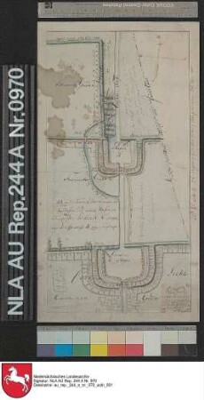 Verlauf des Außentiefs bei CAROLINENSIEL mit Einzeichnung der Ortschaft Carolinensiel sowie der Friedrichsschleuse und einem geplanten Hafen vor der Schleuse Kolorierte Zeichnung von J. N. Franzius Papier auf Leinen Format 35,8x18,3 M 1:5.000 (ca)
