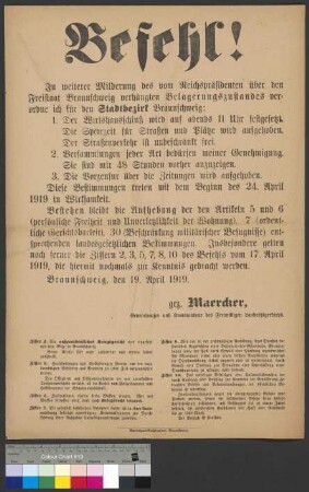 Anordnung des Generals Maercker zur Lockerung des Belagerungszustandes in der Stadt Braunschweig