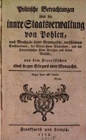 Politische Betrachtungen über die innere Staatsverwaltung von Pohlen