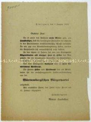 Aufruf von Hausbesitzern zur Wahl der Württembergischen Bürgerpartei in die württembergische Landesversammlung 1919