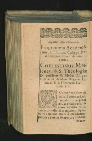 Sequitur Appendicis loco, Programma Academicum, Institutum Collegii Doctr. Corp. Pruten. denuncians, Coelestinus Mislenta ...