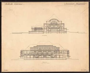 Stadthalle und Ausstellungshalle, Hannover: Stadthalle: Querschnitt, Längsschnitt 1:200