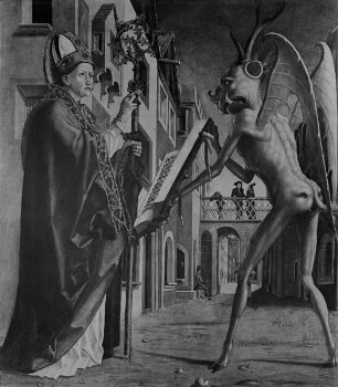 Kirchenväteraltar — Vier Szenen aus der Legende des heiligen Wolfgang — Der Teufel hält dem heiligen Wolfgang das Meßbuch