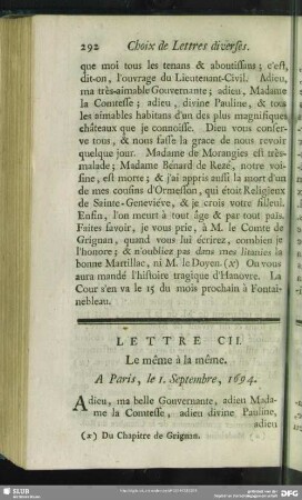 Lettre CII. Le même à la même. A Paris, le 1. Septembre, 1694