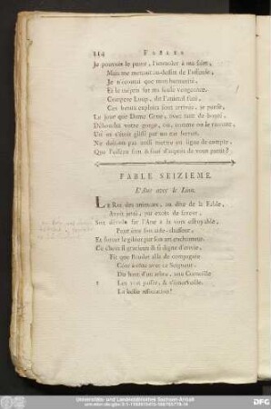 Fable Seizieme. L'Ane avec le Lion.