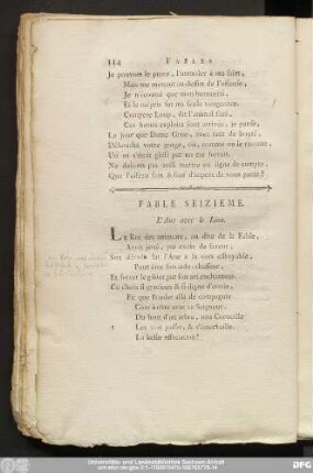Fable Seizieme. L'Ane avec le Lion.