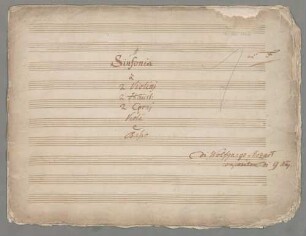 Symphonies, orch, KV 19a, F-Dur - BSB Mus.ms. 13468 : [title page, b:] Sinfonia [on the right:] in F // à // 2 Violinj // 2 Hautb: // 2 Cornj // Viola // e // Basso // [on the right:] di Wolfgango Mozart // compositore di 9 Anj