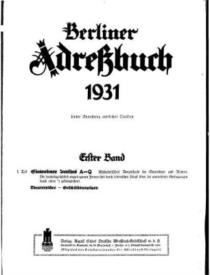Berliner Adreßbuch 1931 Erster Band