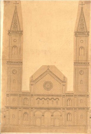 Gärtner, Friedrich von; München; St. Ludwig (Ludwigskirche) - Fassade (Ansicht)