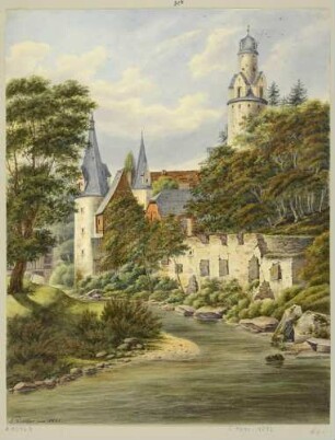 Das Schloss (Burg) Stein (Hartenstein-Stein) südöstlich von Zwickau am Ufer der Zwickauer Mulde, Blick aus nordöstlicher Richtung