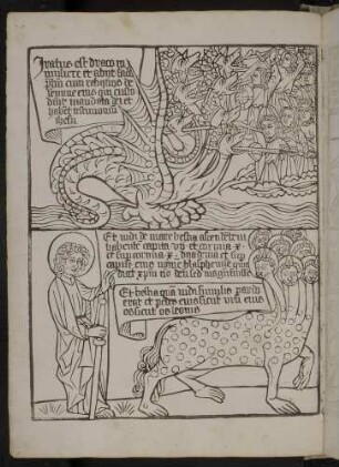 (1) Der Drache kämpft mit den Kindern des Weibs (Apc. 17); Johannes sieht das Tier aus dem Meer steigen (Apc. XIII, 1-2)