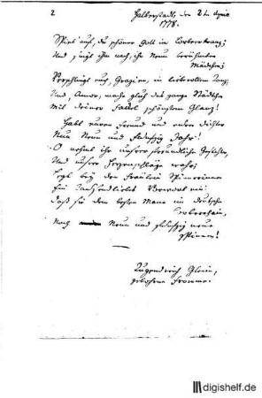 2: Brief von Maria Tugendreich geb. Fromme Gleim an Johann Wilhelm Ludwig Gleim