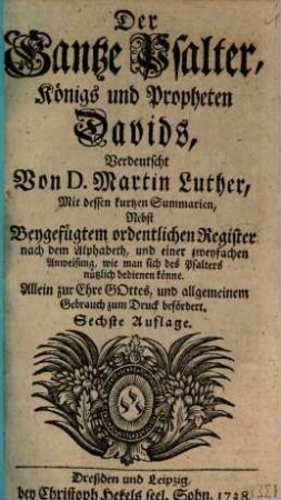 Der Gantze Psalter, Königs und Propheten Davids