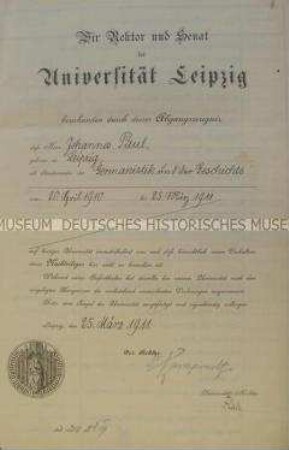 Abgangszeugnis der Universität Leipzig für den Studenten der Germanistik und Geschichte Johannes Paul; Leipzig, 25. März 1911
