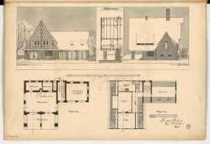 Dorfschmiede mit Spritzenhaus Monatskonkurrenz November 1903: Grundriss Erdgeschoss, Obergeschoss, Aufriss Vorderansicht, Seitenansicht, Längsschnitt (Ausschnitt) 1:100; Maßstabsleiste