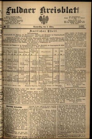 Erste Ausgabe vom Donnerstag, den 03. März 1892.