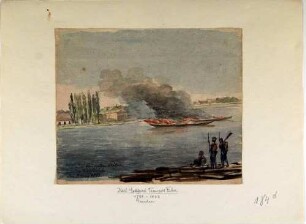 Die brennenden Kähne der Schiffsbrücke am 8. Mai 1813