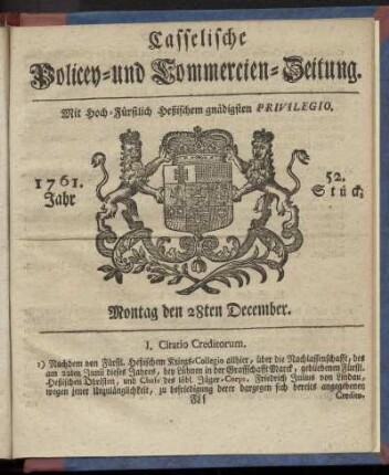 52. Stueck, Montag den 28ten December 1761