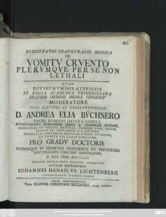 Dissertatio Inavgvralis Medica De Vomitv Crvento Plervmqve Per Se Non Lethali