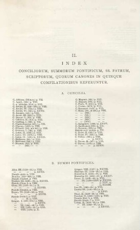II. Index conciliorum, summorum pontificum, ss. patrum, scriptorum, quorum canones in quinque compilationibus referuntur