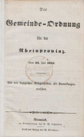 Die Gemeinde-Ordnung für die Rhein-Provinz