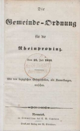 Die Gemeinde-Ordnung für die Rhein-Provinz
