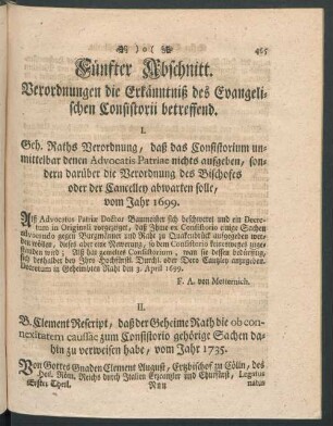 Fünfter Abschnitt. Verordnungen die Erkänntniß des Evangelischen Consistorii betreffend