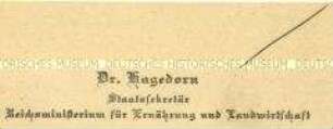 Visitenkarte Staatssekretärs im Reichsministerium für Ernährung und Landwirtschaft Fred Hagedorn aus der Sammlung des Reichskanzlers Wilhelm Marx / Kategorie "Staatssekretäre" - Sachkonvolut