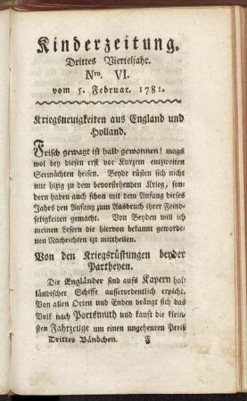 Kinderzeitung. Drittes Vierteljahr. Nro. VI. vom 5. Februar. 1781.