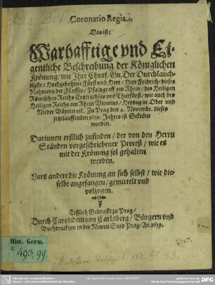 Coronatio Regia, d. i. Beschreibung, wie Friedrich V. zu Prag ... ist gekrönt worden