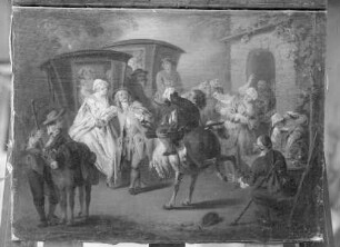 Illustrationen zum "Roman comique" von Scarron — Halt zweier Chaisen vorm Wirtshaus, Ragotin auf bockendem Pferde