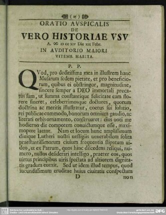 Oratio Auspicalis De Vero Historiae Usu