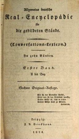 Allgemeine deutsche Real-Encyclopädie für die gebildeten Stände (Conversations-Lexicon). 1. A - Boy. - 1824