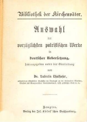 Bibliothek der Kirchenväter : eine Auswahl patristischer Werke in deutscher Übersetzung, 62