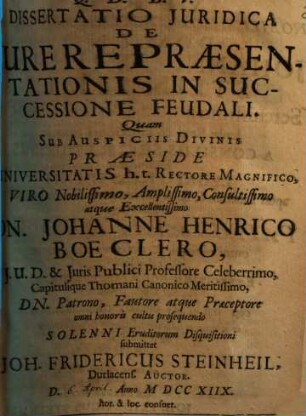 Diss. iur. de iure repraesentationis in successione feudali