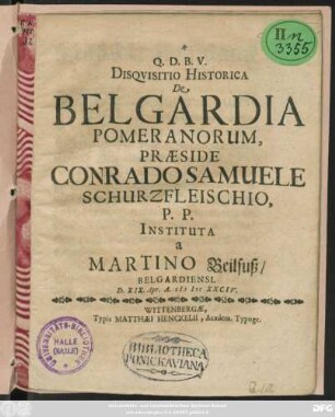 Disquisitio Historica De Belgardia Pomeranorum