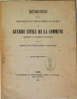 Mémoire sur la participation d'un certain nombre de Polonais à la guerre civile de la Commune, par le Comité de l'émigration polonaise