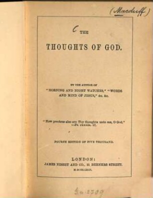 The thoughts of God : By the author of "Morning and night watches", "Words and mind of Jesus", & c. & c. (J[ohn] R[oss] Macduff)