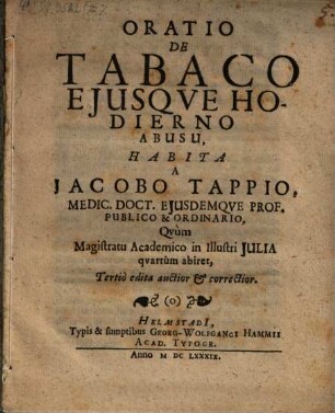Oratio de tabaco eiusque hodierno abusu